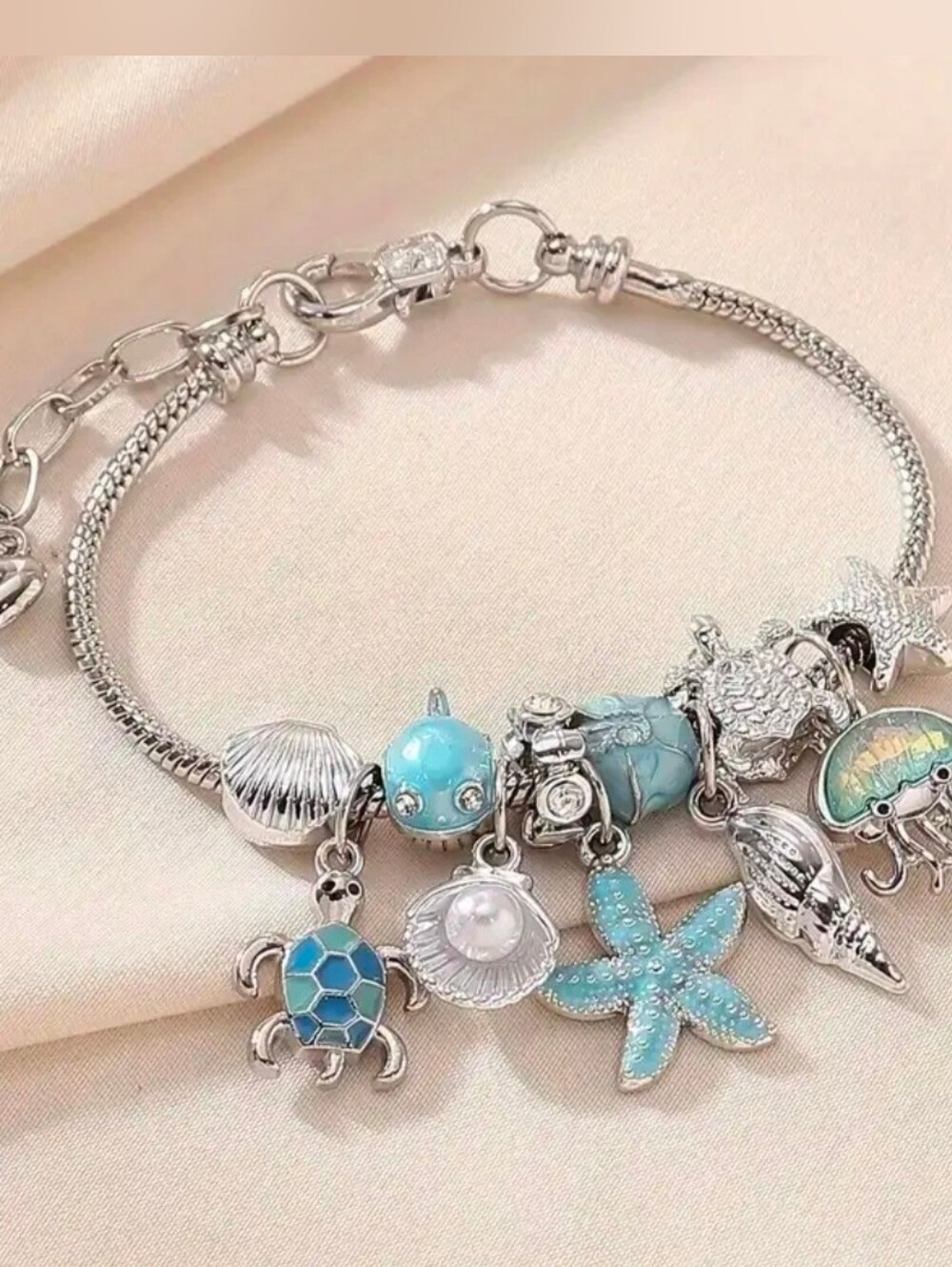 925/copper Sea Life Charm Bracelet W/ Starfish Turtle Conch Shell ++ - Picture 2 of 4